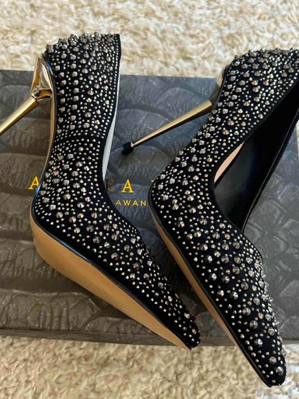 Women's Black Crystal-Studded Stiletto Pumps with Gold Heel